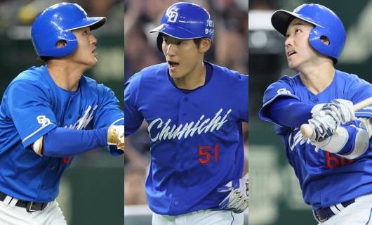 (左から)中日・板山祐太郎、上林誠知、山本泰寛
