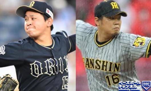 オリックス・宮城大弥(左)と阪神・西勇輝