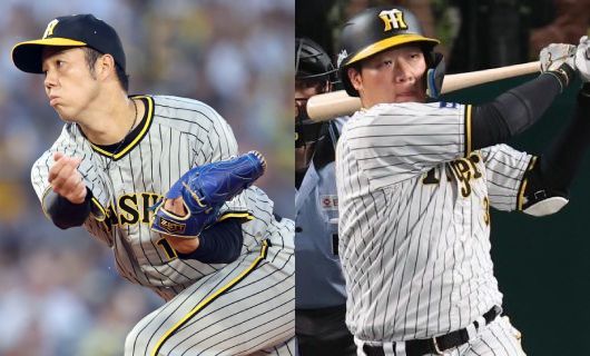阪神・青柳晃洋（左）と大山悠輔