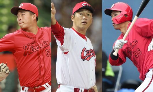 (左から)広島・玉村昇悟、新井貴浩監督、中村奨成