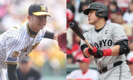 阪神・才木浩人（左）と巨人・岡本和真