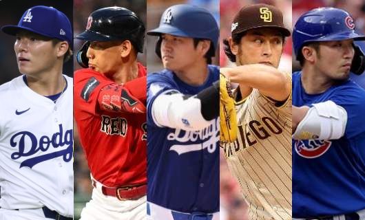 （左から）ドジャース・山本由伸、レッドソックス・吉田正尚、ドジャース・大谷翔平、パドレス・ダルビッシュ有、カブス・鈴木誠也