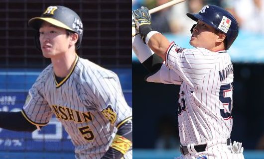 阪神・近本光司（左）とヤクルト・村上宗隆