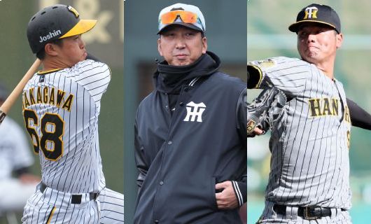 (左から)阪神・中川勇斗、藤川球児監督、川原陸