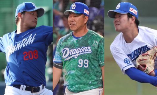 （左から）中日ドラゴンズの石川翔、井上一樹監督、森博人