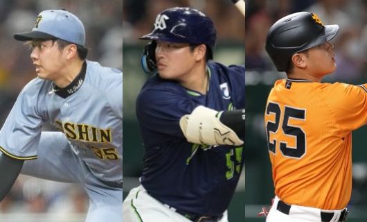 （左から）才木浩人,村上宗隆,岡本和真